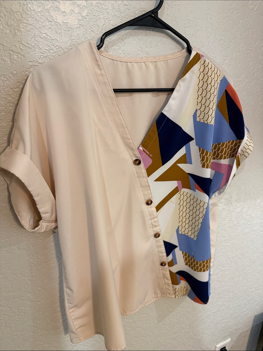 SHEIN Cream Blouse with Multicolor Geometric Panel
